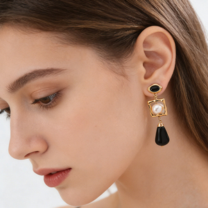 Boucles d'oreilles en argent sterling pour femmes, élégantes, rétro, tendance, géométriques, imitation perle, agate noire - Product Image 4