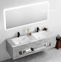 Ensemble de meuble-lavabo mural moderne en marbre avec double vasque, miroir LED intelligent et design de luxe à double bassin