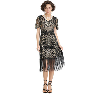 Cocktail Skirt 1920s Vintage <b>Sequined</b> Tassel V-Neck Sheath Evening Gown Natural Waistline S-4XL - Product Image 2