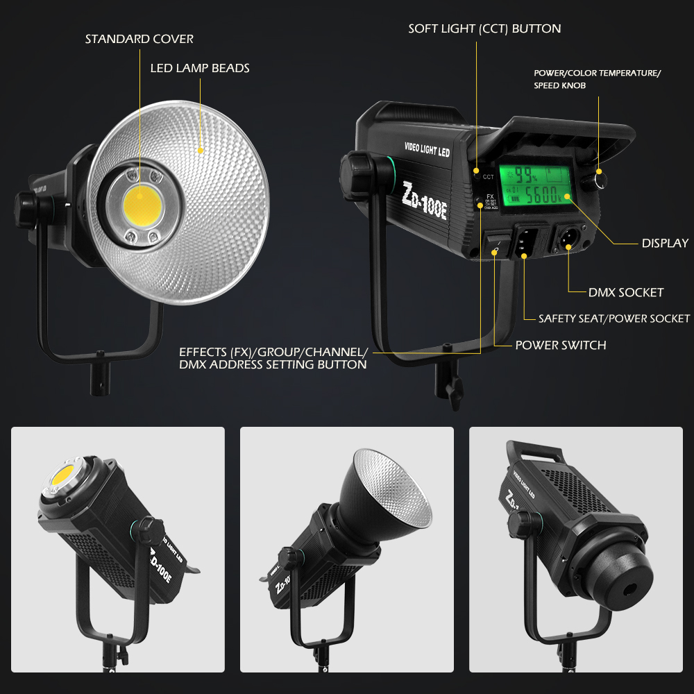 Portable lights 100w professional audio video lighting AC 220v cob sun light led 2700-7500k camera photography with 10 effects
