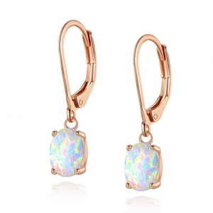 Rose Gold 925 <b>Sterling</b> <b>Silver</b> White Fire Opal <b>Drop</b> <b>Earrings</b> Synthetic Opal Leverback <b>Earrings</b> - Product Image 1