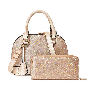 Ensemble de sacs en PU à paillettes et à franges pour femmes, couleur unie, 2 pièces, noir, blanc, rose pâle - Product Image 1