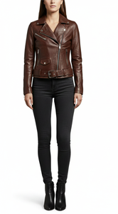 Veste de moto en peau de mouton brune artisanale de qualité supérieure pour femmes avec ceinture à la taille - Product Image 4