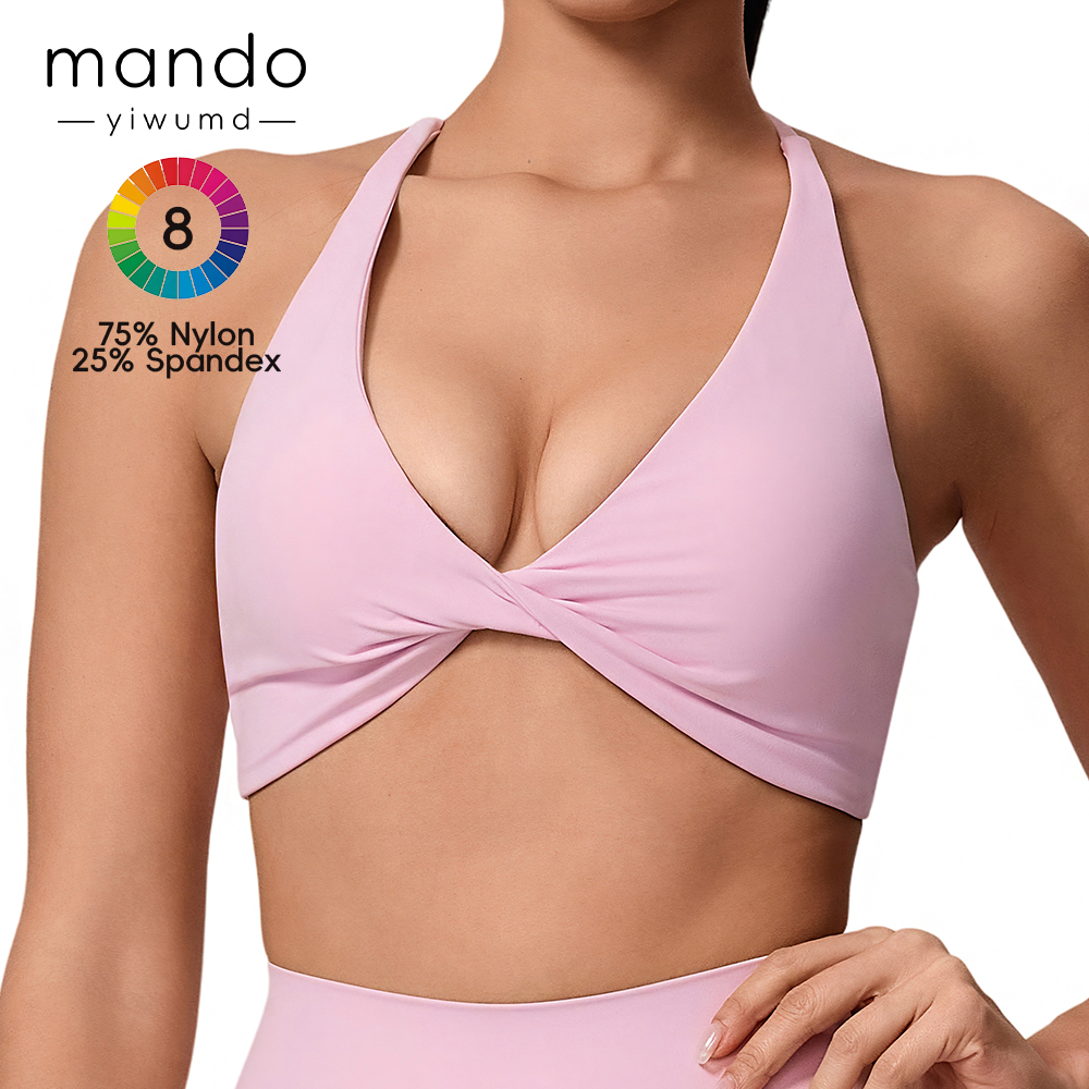 Women's Twisted Deep V-Neck Halter Sports Bra Crisscross Back Straps Removable Pads Workout Bra For Yoga Pilates