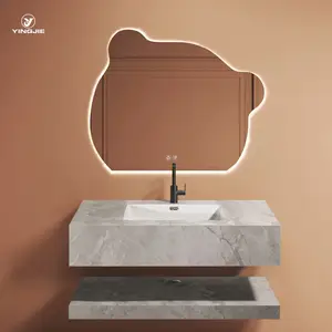 ceramic polished glazed slabs wall tile bathroom vanity with sintered stone top & basin