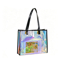 Sac fourre-tout transparent en PVC 33x27x12cm, matériau holographique irisé laser avec poignée renforcée, logo personnalisé pour cadeaux et vente au détail