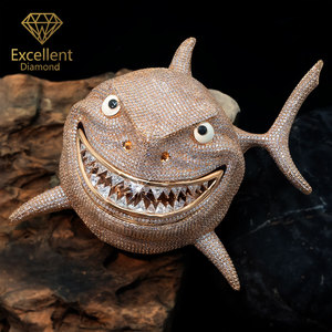 Colgante <span class=keywords><strong>de</strong></span> tiburón personalizado con moissanita VVS, diamante cultivado en <span class=keywords><strong>laboratorio</strong></span> <span class=keywords><strong>de</strong></span> corte brillante redondo, plata S925, cadena cubana para hombre, colgantes <span class=keywords><strong>de</strong></span> hip hop. - Product Image 1