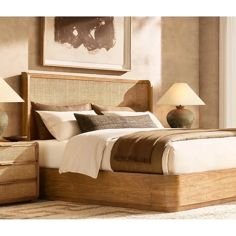 Amerikaanse Stijl Minimalistische Houten Rotan Weave Kingsize Bed Villa Club Homestay Hotel Kan Slaapkamermeubilair Aanpassen