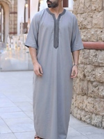 Robes longues respirantes en coton et polyester pour hommes musulmans, à manches courtes, brodées, rayées, style marocain africain, design Abaya
