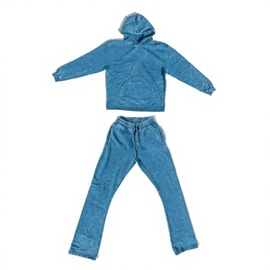 Chándal Unisex Azul de Algodón con Capucha para Invierno, Estilo Urbano, Largo, Color Sólido, Casual, Transpirable, Lavado Ácido, Ligero, con Cordón Ajustable - Product Image 1