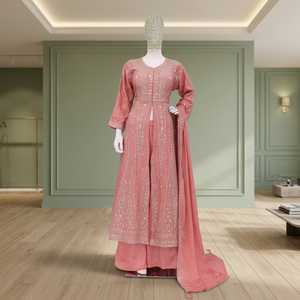 Conjunto de Kurta Anarkali Rosa para Mujer, con Palazzo y Dupatta, Bordado, Estilo Indio-Pakistaní, para Bodas, de Secado Rápido - Product Image 2
