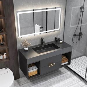 Mueble de Baño Moderno de Pared en Gris Oscuro con Lavabo Integrado de <span class=keywords><strong>Piedra</strong></span> Negra, Espejo LED y Estantes Abiertos para Uso en Baños - Product Image 3