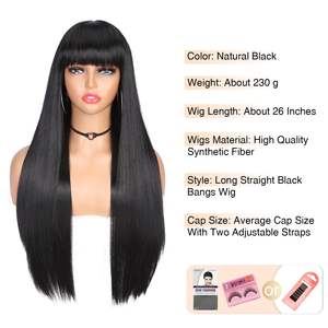 Perruque longue noire en dentelle frontale Remy avec frange, <span class=keywords><strong>cheveux</strong></span> raides résistants à la chaleur, <span class=keywords><strong>cheveux</strong></span> naturels, perruque complète noire pour femmes, cosplay quotidien - Product Image 2