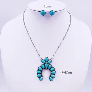 Baosheng Jewelry Fashion Women Western Turquoise Stone Statement Squash Blossom Necklace