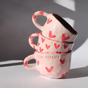 情人节陶瓷杯，心形手柄红色心形奶杯石器情人节咖啡杯