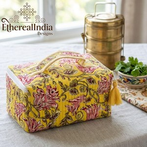 Floral Quilted Cotton Lunch Bag Yellow Tiffin Bag Zipper Snack Carry Bag Handmade <b>Gift</b> - Product Image 2