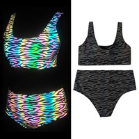 Mode haute visibilité irisé arc-en-ciel imprimé soirée club pôle danse festival costume porter bikini costume ensemble tenues vêtements