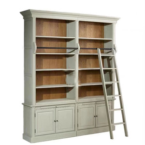 Combinazione Libreria a Scaffali di Lusso in Legno Massello Stile Moderno Americano per Soggiorno Appartamento di Alta Gamma con Scala - Product Image 1