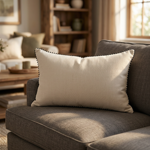 Housse de coussin lombaire en coton et lin de qualité supérieure, coussin rectangulaire blanc naturel avec surpiqûres contrastées noires pour canapé et lit - Product Image 2