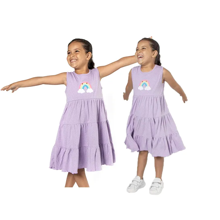 Rainbow Printing Kids 100% Cotton Girl Knit Dress Knee Length Purple Girl Ruffled Dress for Sale