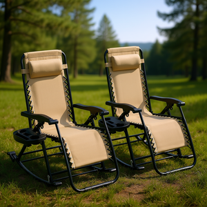 ชุดเก้าอี้โยกปรับเอนสีเบจแบบไร้แรงโน้มถ่วง 2 ตัว สำหรับใช้งานกลางแจ้ง พับเก็บได้ พร้อมหมอนและที่วางแก้ว สำหรับตั้งแคมป์ - Product Image 2