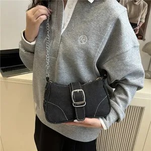 Bolso de hombro y axila de mezclilla sencillo para mujer, bolso cruzado con cadena para niñas, bolso cuadrado portátil tipo silla de montar para mujer - Product Image 4