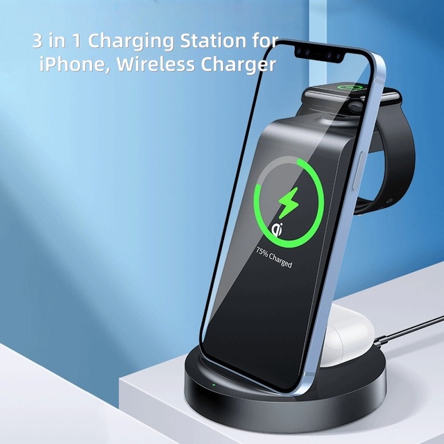 Portable Desktop 3-in-1 Wireless Charging Station for Mobile Phone Smart Watch & PC-15W Fast Charge QC PD