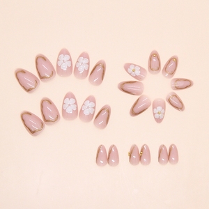 Uñas Postizas de Lujo al por Mayor, 24 Piezas, Brillantes, con Purpurina, Acrílicas 3D, con Diseño de Flores, Color Nude, Forma Almendrada - Product Image 5