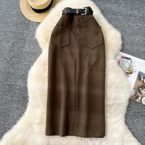 <span class=keywords><strong>Falda</strong></span> de lujo ligera Cintura alta de mujer vintage en el diseño de tubo recto de <span class=keywords><strong>carne</strong></span> de bloque largo <span class=keywords><strong>Falda</strong></span> con sentido de temperamento - Product Image 3