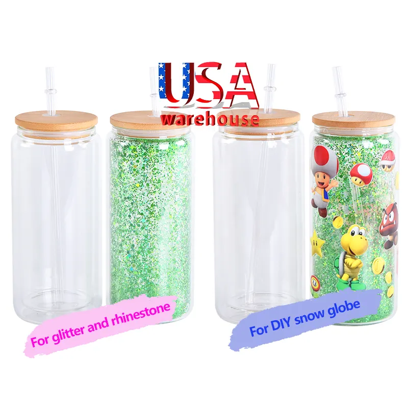 Usa Warehouse Vor gebohrte Doppel wand 16 Oz 16 Oz 20Oz 25Oz Schneekugel Becher Sublimation Leere Glasdose mit Bambus deckel