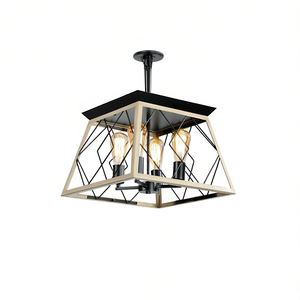 <b>Oak</b> Farmhouse Pendant Chandelier 4-<b>Light</b> Square E26 Bulb For Dining Room Iron Wood Frame Soft Warm White <b>Light</b> - Product Image 1