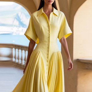 Ampio <span class=keywords><strong>abito</strong></span> <span class=keywords><strong>Midi</strong></span> a maniche corte con Design a pieghe abbottonato tinta unita colletto con risvolto naturale vita-<span class=keywords><strong>abito</strong></span> <span class=keywords><strong>camicia</strong></span> Eco-Friendly - Product Image 2