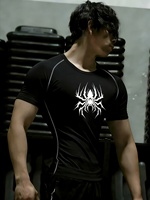 Camiseta Deportiva de Compresión de Manga Corta con Cuello Redondo y Estampado de Araña para Hombre, de Secado Rápido, Alta Elasticidad y Absorción de Humedad