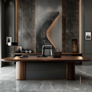 Bureau de direction moderne avec garniture dorée, grand bureau de PDG, bureau de direction contemporain, plateau en bois, poste de travail - Product Image 2