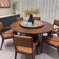 Ensemble de table à manger ronde en bois massif, plateau pivotant en noyer noir avec 6 chaises en cuir, style chinois moderne pour cuisine et salon