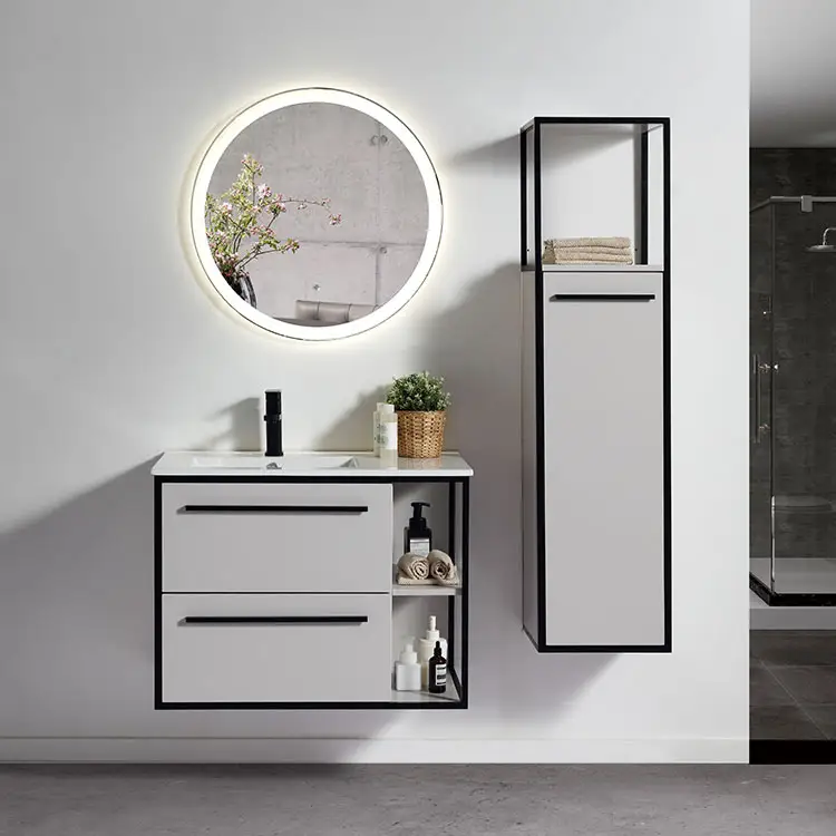 Miroir rond intelligent de salle de bains, mobilier d'hôtel moderne, lavabo simple en céramique mural suspendu, vanité de salle de bains en Mdf, avec meubles latéraux