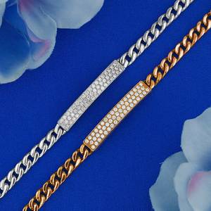 Pulsera de Oro Sólido de 18k con Diamantes Naturales, Diseño Curvo, Eslabones Cubanos con Incrustaciones de Diamantes - Product Image 1