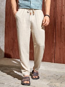 Pantaloni di lino con coulisse leggeri piatti Casual regolari pantaloni di lino traspiranti in cotone 100% per <span class=keywords><strong>uomo</strong></span> - Product Image 4