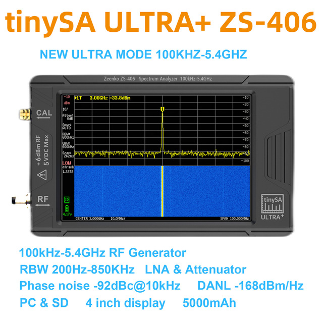 TinySA Ultra Handheld Spectrum Analyzer 4 Inch Touch Screen 100kHz 5.4GHz RF Signal Generator Sine Square Wave Output Portable