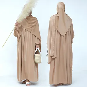 Elegant Dubai Abaya Women Muslim Dress Puff Sleeve Satin Fabric Solid Color Ramadan Prayer Modest Dress With Matching Hijab Set