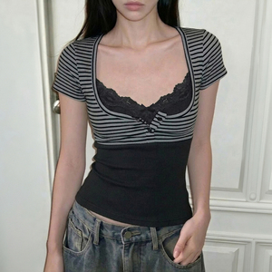 Ensemble deux pièces haut et gilet boutonné à imprimé rayé, avec garniture en dentelle, sans manches, style Y2K, décontracté, rétro, polyvalent, tenue d'été pour femme - Product Image 5