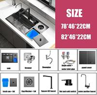 Évier de cuisine multifonctionnel en acier inoxydable à cuve unique avec cascade, lave-tasses et purificateur d'eau, noir moderne