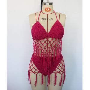 Bikini de ganchillo con borlas de cintura media personalizado, sexy, transparente, con diseño hueco, para mujer, ideal como cubierta de traje de baño. - Product Image 3