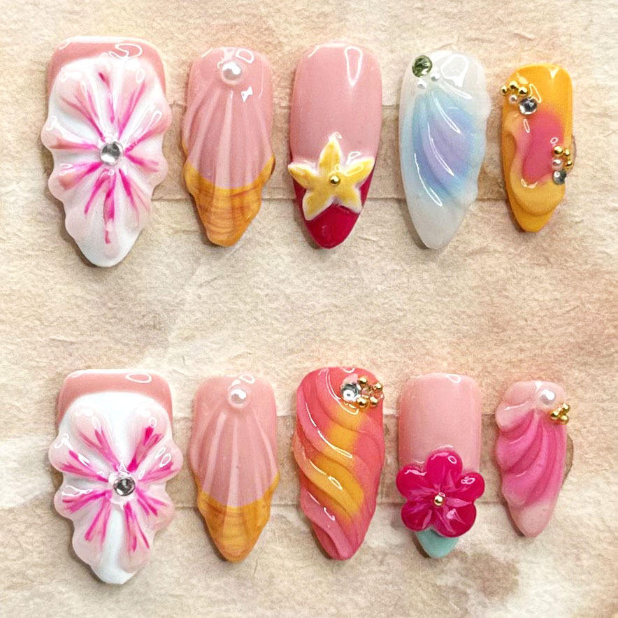 Sea Shell Acrylic Press on Nails Wholesale Price High Quality Soft Gel Press on Nails Reusable Artificial Fingernails 10pcs/box