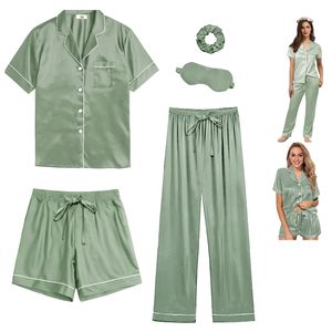 Kunden spezifische Luxus 5-teilige einfarbige kurze modale Seide Satin Baumwolle Bambus hose passende Pyjamas Damen Pyjama Set - Product Image 6