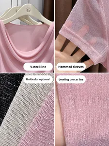 <strong>Pink</strong> Shiny Women's T-Shirt High-End Summer <strong>Top</strong> Ruched Waist Off-Shoulder Short-Sleeve Featuring Ice <strong>Silk</strong> Mesh Regular Shoulders - Product Image 6