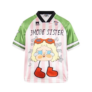 Camiseta de Gran Tamaño con Estampado de Chica de Dibujos Animados 3MODE SISTER, Camiseta Y2K con Cuello en V a Rayas, Estilo Urbano, 100% Poliéster, Impresión Digital - Product Image 2