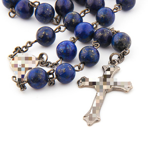 Collier chapelet en lapis-lazuli naturel et agate indienne, motif croix, pour cérémonie religieuse, bijoux unisexe, origine Jinhua RN-002 - Product Image 5