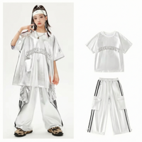 Costume de danse hip-hop pour enfants, garçons et filles, ensemble de survêtement ample argenté, tenue de scène pour jazz et cheerleading, OEM&ODM
