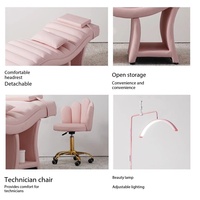 Fauteuil de technicien rose demi-lune avec base dorée et lumière LED pour salon de cils, sourcils et spa